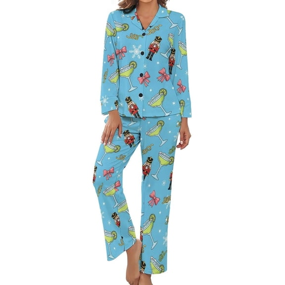 SKQIT Womens Pajamas Set Nutcracker Cocktail Snowflake Soft Long Sleeve Sleepwear Button Down Sets