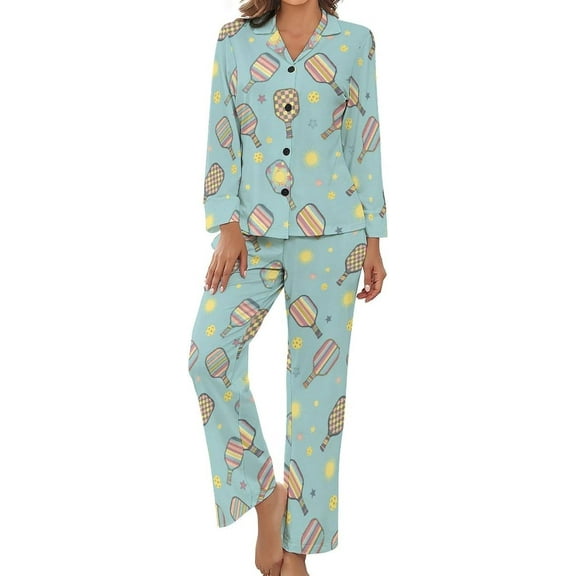 SKQIT Womens Pajamas Set Pickleball Rackets Balls Soft Long Sleeve Sleepwear Button Down Sets