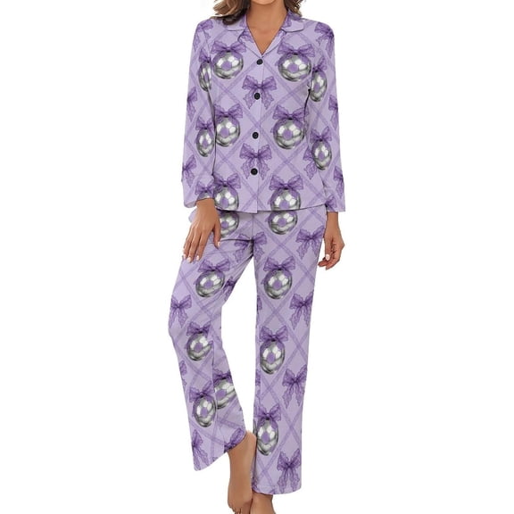 SKQIT Womens Pajamas Set Purple Bow Soccer Ball Soft Long Sleeve Sleepwear Button Down Sets