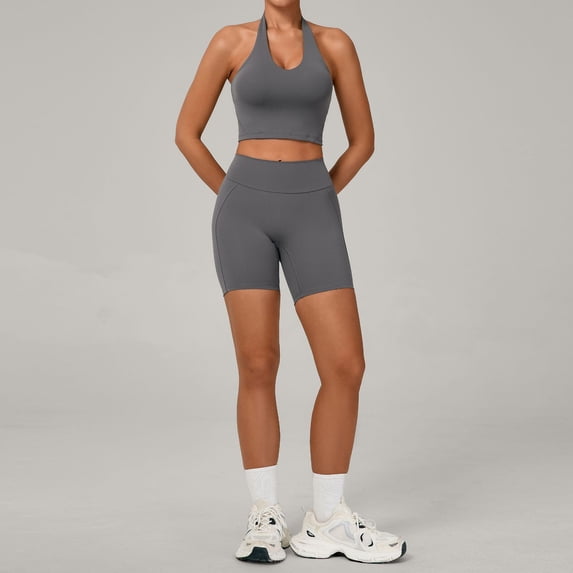 SKQIT Workout Sets for Women 2 Piece Seamless Halter Sports Bra Scrunch Butt Impact Shorts Gym Yoga Outfits