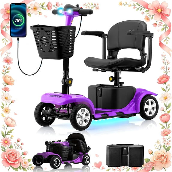 SKRT Mobility Scooter for Adults, Senior, skmc 4 Wheels Electric Powered Chargeable Device for Travel, Lightweight and Portable, with LED Headlights and Basket, Charger Included, Best Present for Mom