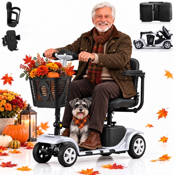 SKRT Mobility Scooter for Adults, Senior, skmc 4 Wheels Electric Powered Chargeable Device for Travel, Lightweight and Portable, with LED Headlights and Basket, Charger Included, Best Present for Mom