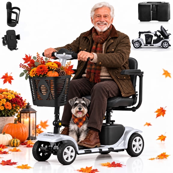 SKRT Mobility Scooter for Adults, Senior, skmc 4 Wheels Electric Powered Chargeable Device for Travel, Lightweight and Portable, with LED Headlights and Basket, Charger Included, Best Present for Mom