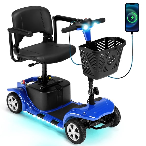 SKRT Mobility Scooter for Adults, Senior, skmc 4 Wheels Electric Powered Chargeable Device for Travel, Lightweight and Portable, with LED Headlights and Basket, Charger Included