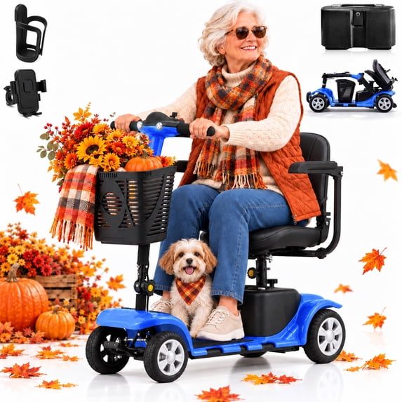 SKRT Mobility Scooter for Adults, Senior, skmc 4 Wheels Electric Powered Chargeable Device for Travel, Lightweight and Portable, with LED Headlights and Basket, Charger Included, Best Present for Mom