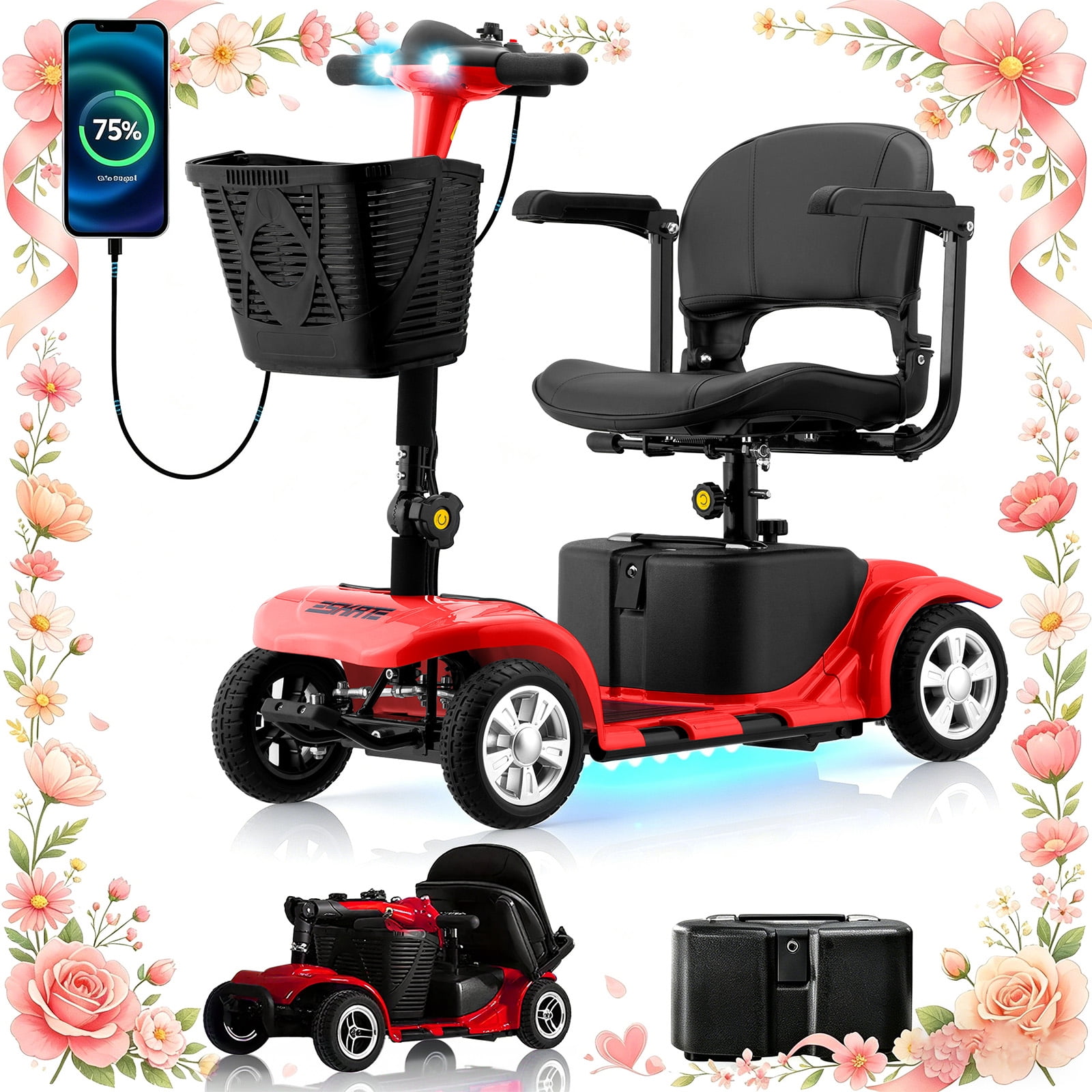 SKRT Mobility Scooter for Adults, Senior, skmc 4 Wheels Electric Powered Chargeable Device for Travel, Lightweight and Portable, with LED Headlights and Basket, Charger Included, Best Present for Mom
