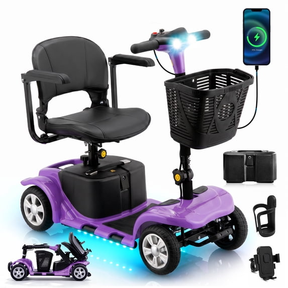 SKRT Mobility Scooter for Adults, Senior, skmc 4 Wheels Electric Powered Chargeable Device for Travel, Lightweight and Portable, with LED Headlights and Basket, Charger Included, Best Present for Mom