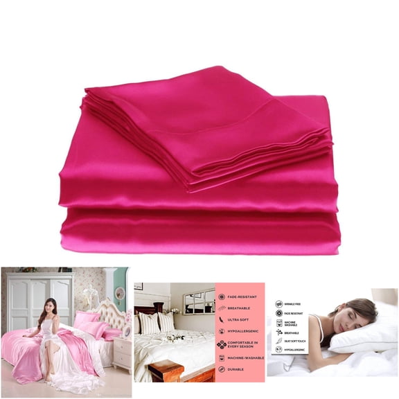 SKS Linen 100% Mulberry Silk Sheet Set - Queen Size, Hot Pink, 22 Momme, 21 Inch Deep Pocket