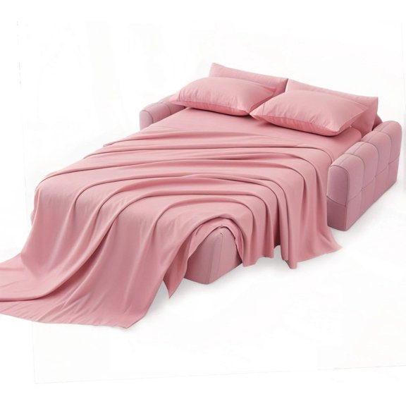 SKS Linen Sleeper Sofa Sheet Set - Pure Egyptian Cotton 600 Thread Count - (Queen , Pink) - Sateen Weave 6"in Deep Pocket