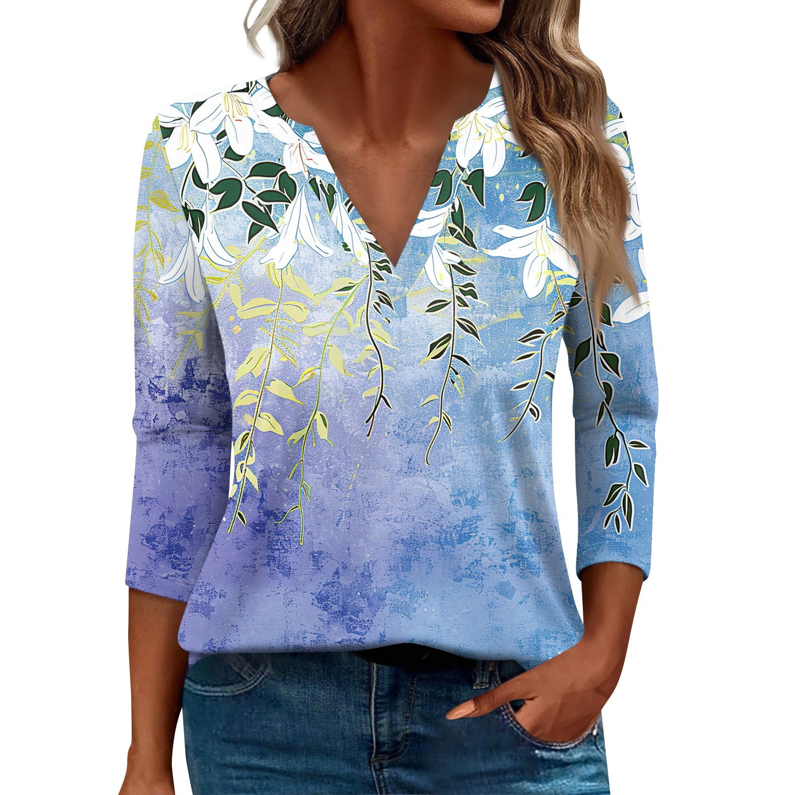 SKSloeg 3/4 Sleeve Blouses for Women Clearance V Neck Casual Tshirts