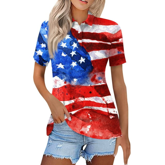 SKSloeg 4th of July Women's Polo Shirts Plus V Neck Button Down Golf ...