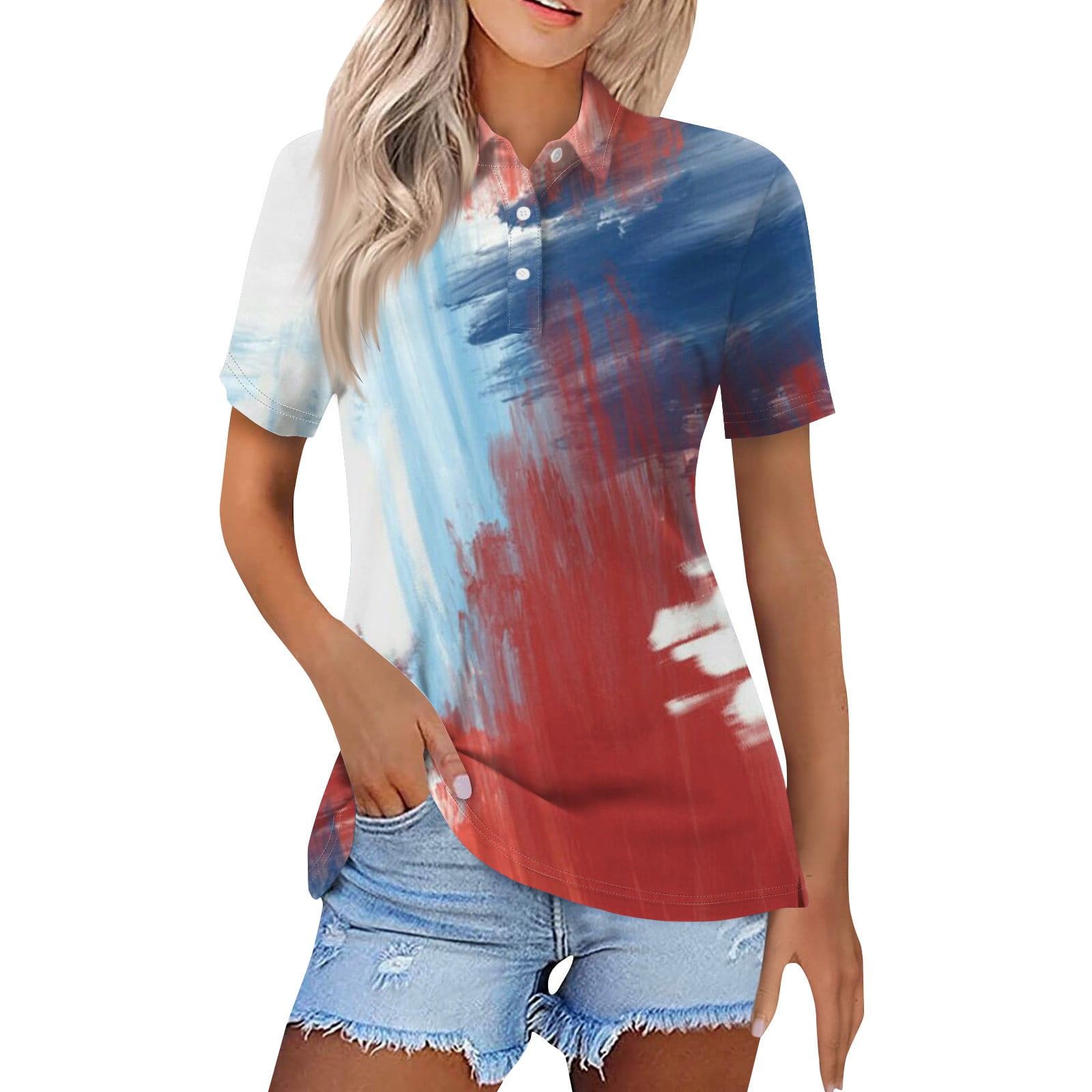 SKSloeg 4th of July Women's Summer Polo Shirts V Neck Button Down Golf