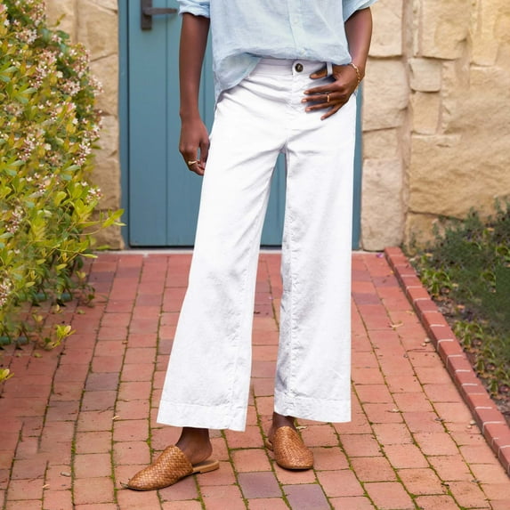 SKSloeg Red Pants Women Wide Leg Petite Linen Pants Business Casual Work Pants High Waisted Flare Cropped Pants Ankle Capris with Pockets White S