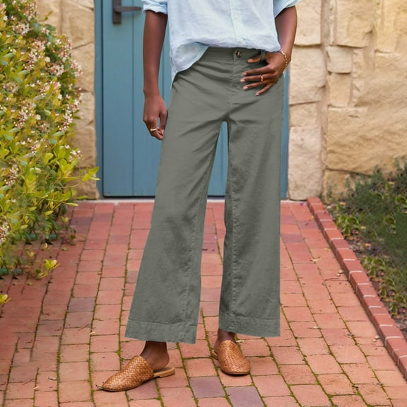 SKSloeg Ankle Pants for Women Wide Leg Petite Linen Pants Business Casual Work Pants High Waisted Flare Cropped Pants Teacher Ankle Capri with Pockets Army Green L