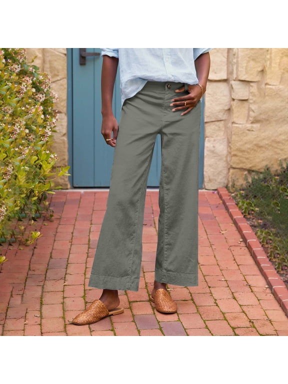 Ankle Pants for Women Wide Leg Petite Linen Pants Business Casual Work Pants High Waisted Flare Cropped Pants Teacher Ankle Capri with Pockets Army Green L