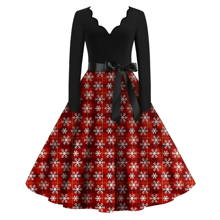 SKSloeg Womens Christmas Plus Size Cocktail Dress Plus Size Christmas Dress  V-Neck Long Sleeve Cocktail Dress Red Plaid Snowflake Print Hepburn Style  1950's Vintage Dresses with Belt Red 4XL 