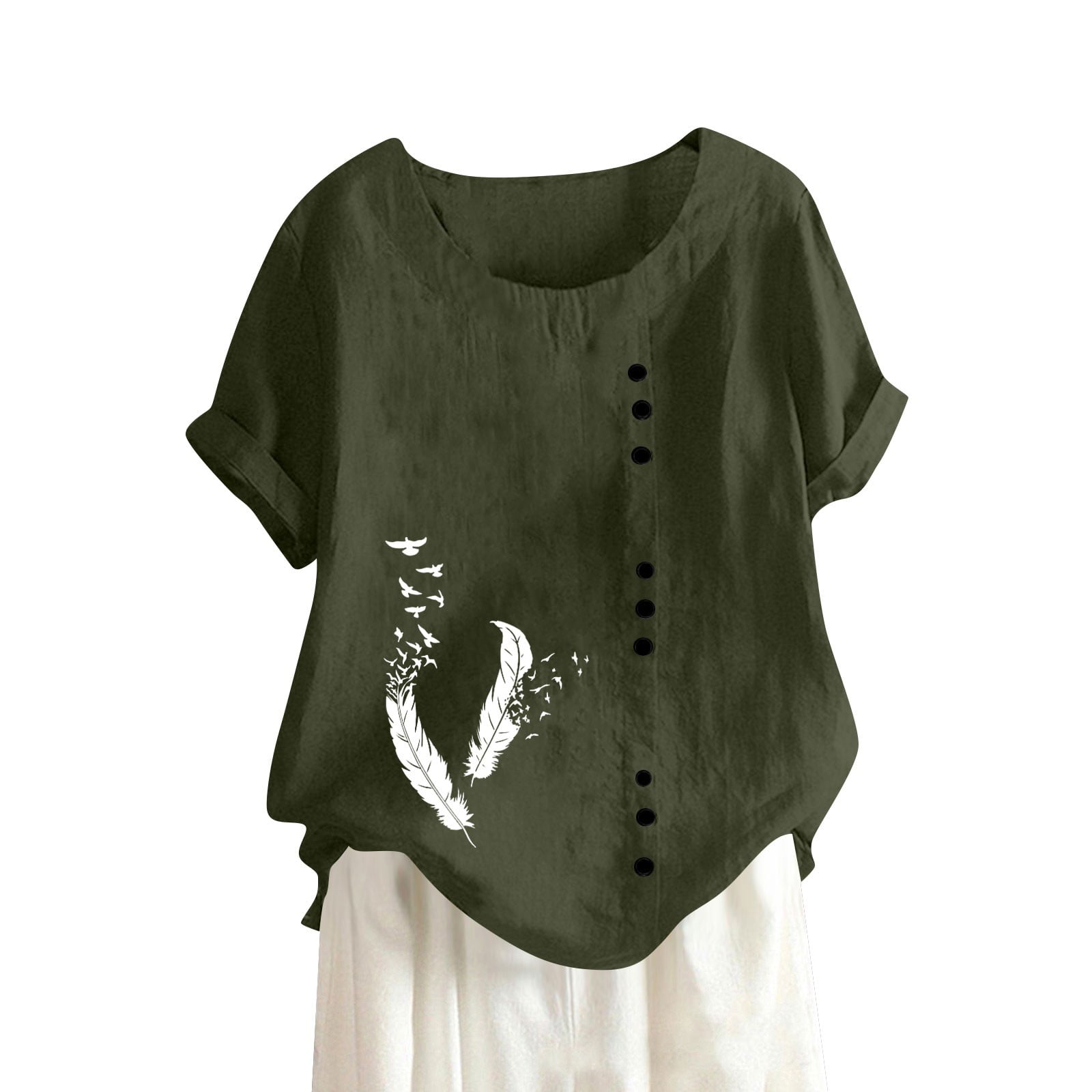 SKSloeg Cotton Linen Tops for Women Floral Print Shirts Crew Neck Short ...