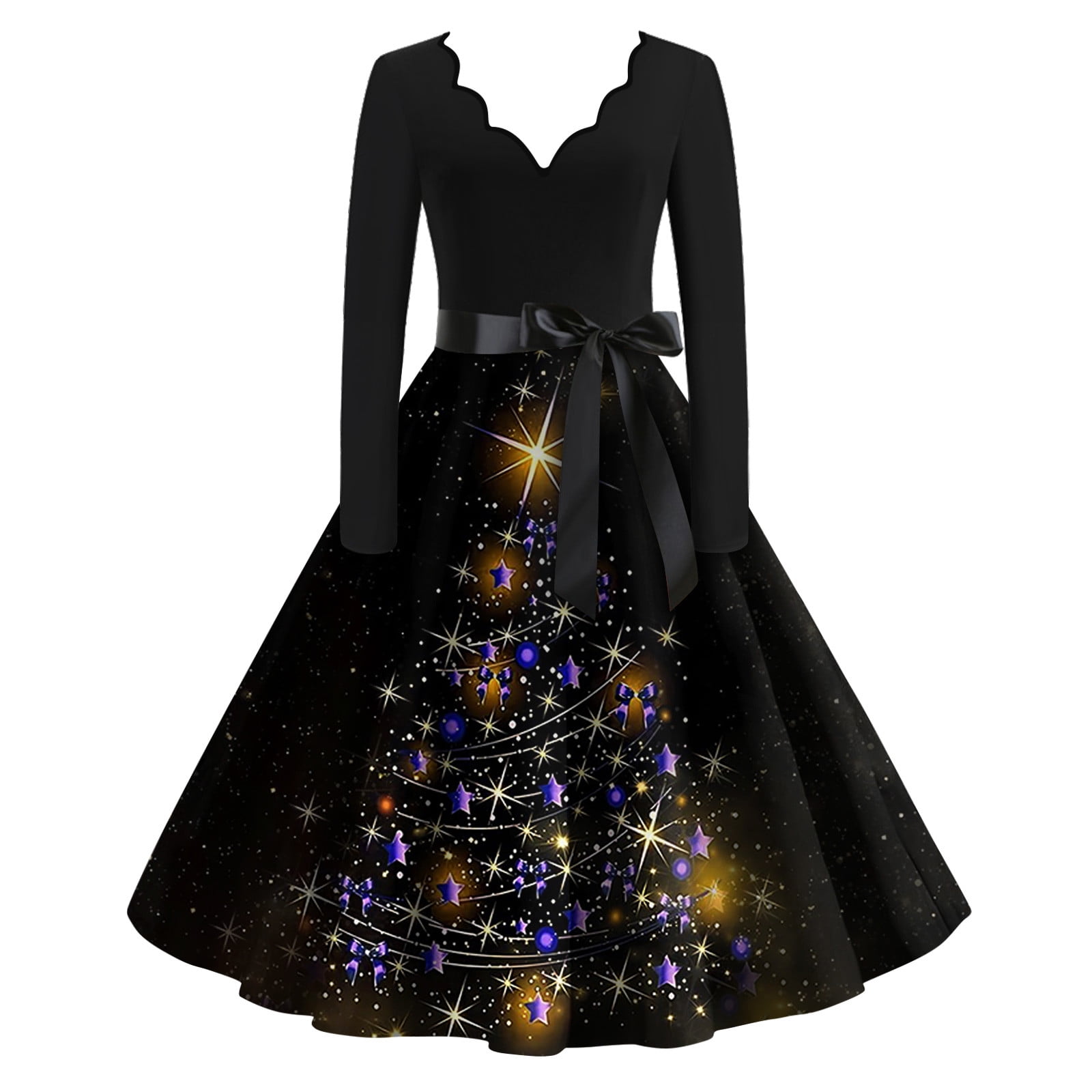 SKSloeg Fall Christmas Dresses for Women Christmas Dress 1950s Vintage Dresses Long Sleeve V Neck Hepburn Dresses Xmas Tree Print Cocktail Dress with Belt Black M Walmart