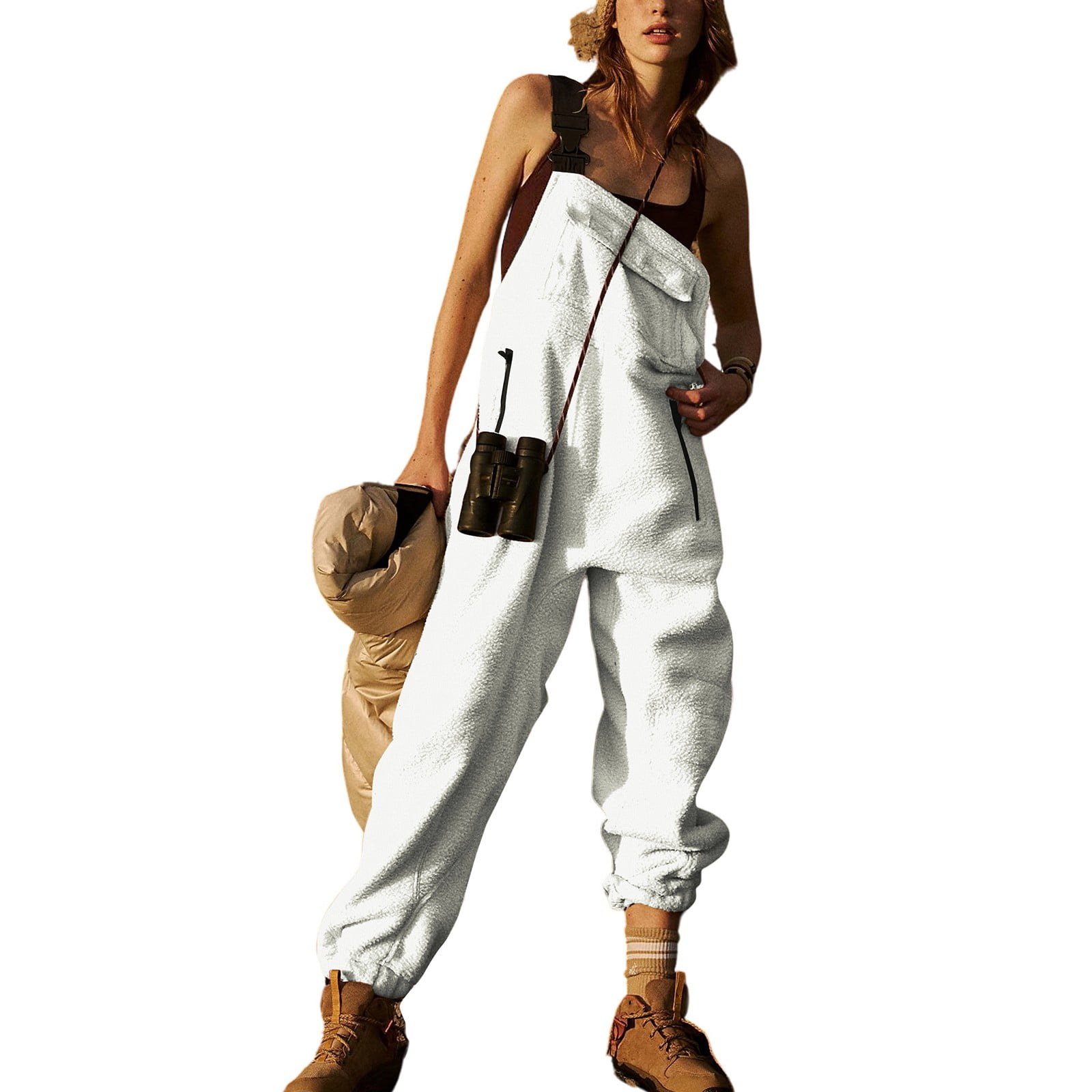 Luvamia Women's Sherpa Overalls - Loose Fit Fuzzy Fleece Jumpsuit With Pockets, Adjustable Straps