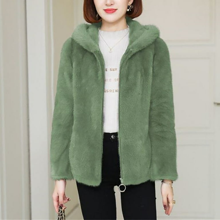 SKSloeg Girls Fleece Jacket Fleece Winter Coats 2024 Plus Size Winter Furry Jackets Faux Fur Shaggy Hooded Cardigan Coats Loose Zip Up Overcoats with Pockets Green 5XL Walmart