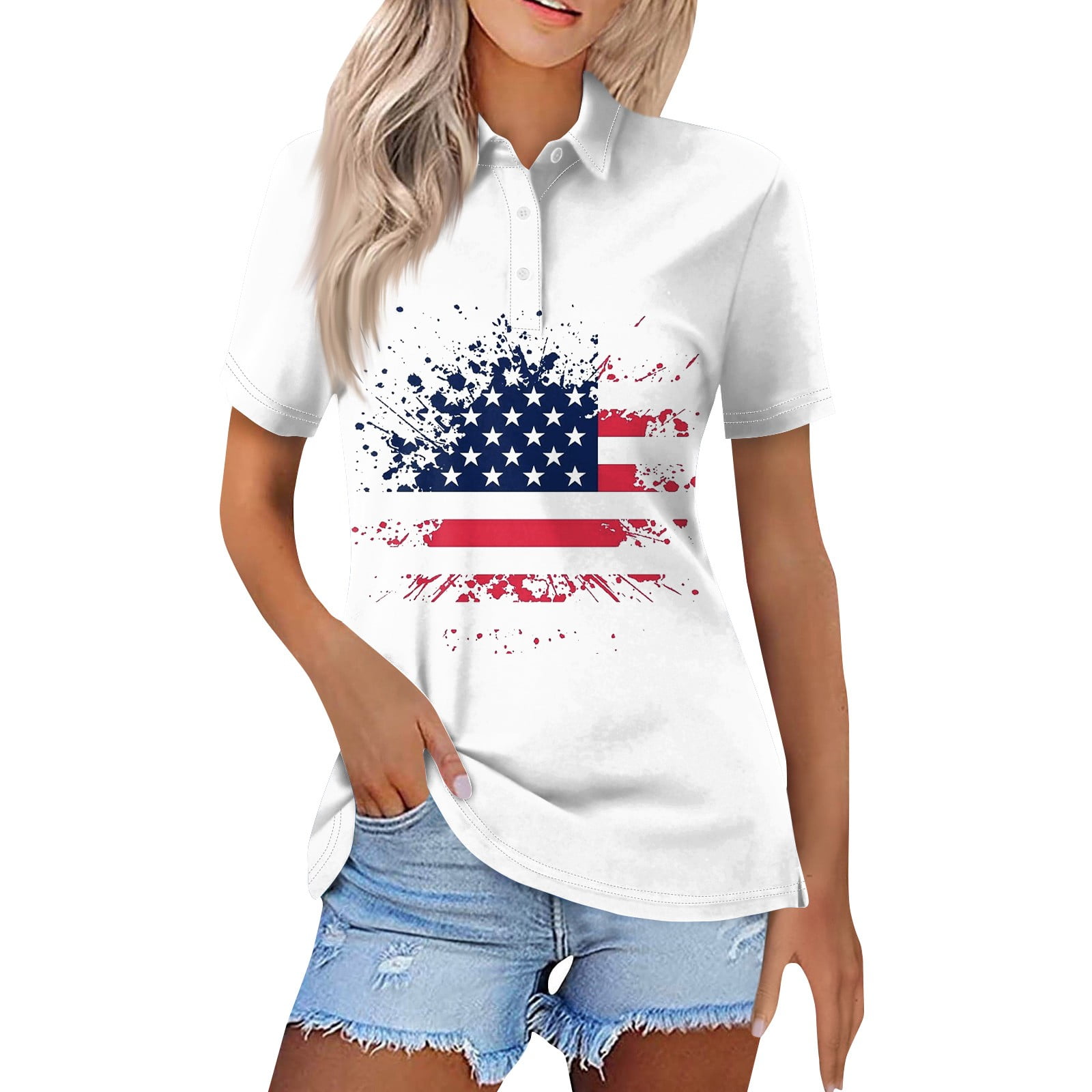 SKSloeg Independence Day Women's Summer Polo Shirts V Neck Button Down