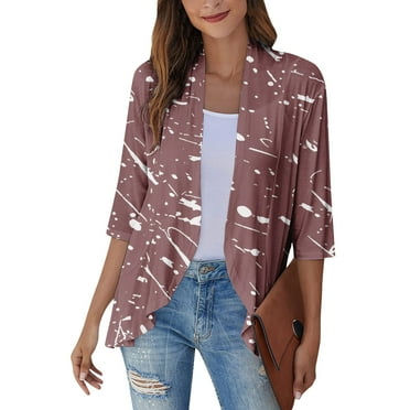 SKSloeg Kimonos for Women Plus Size 3/4 Sleeve Cardigan Sweaters for Women Lightweight Open Front Shrug Cardigan Floral Print Dressy Casual Cute Duster Cardigans with Pockets Pink 2XL