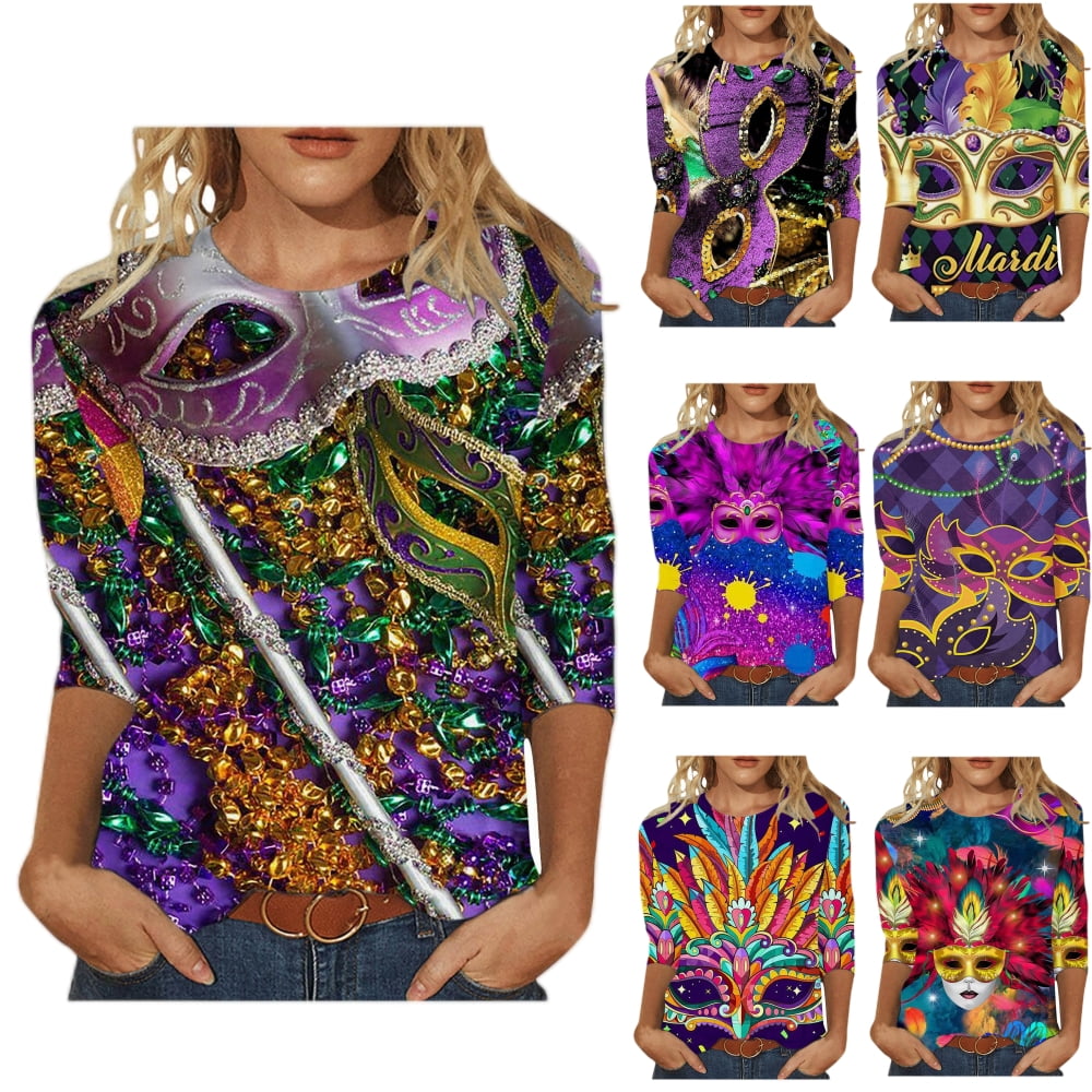SKSloeg Mardi Gras Gifts for Women 3/4 Sleeve Plus Size Parade Shirts ...