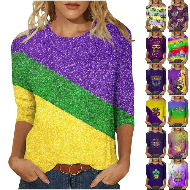 SKSloeg Mardi Gras Tshirts Women Classic Fit 3/4 Sleeve T Shirt Trendy ...