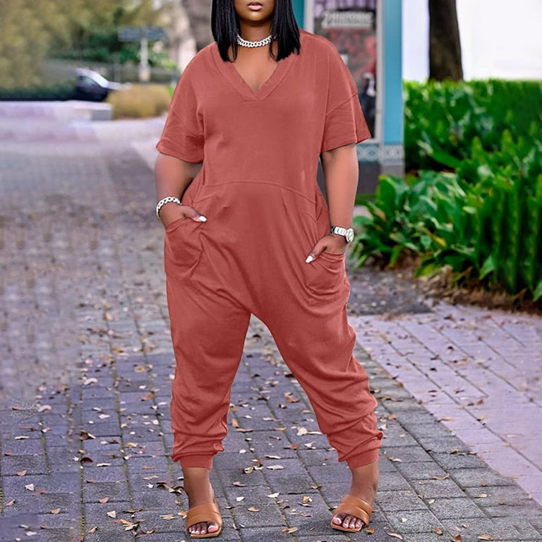 SKSloeg Maternity Jumpsuit V Neck Short Sleeve Romper Zipper Overalls Wide Long Jumpsuit Plus Size Funny Solid Color Rompers with Pockets Overalls for Women Loose Fit Red Small Walmart