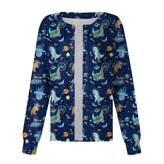 SKSloeg Nurse Jackets for Women Scrub, Women Long Sleeve Pocket Working Stand-up Collar Cute Animals Pattern Single-breasted Protective Cardigan Jacket Top Blue 4XL