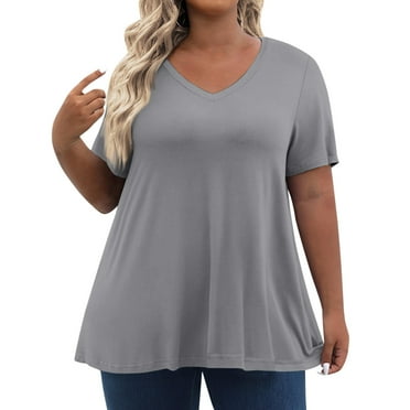 SKSloeg Oversize Tunic Tops for Women Short Sleeve Crewneck Loose T Shirts Solid Color Funny 2024 Summer Blouses Gray L