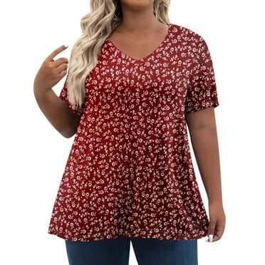 SKSloeg Oversized Tshirts for Women Fashion Short Sleeve V-Neck Basic T Shirts Color Block Oversized 2024 Teacher Tops L-5xl Red XL