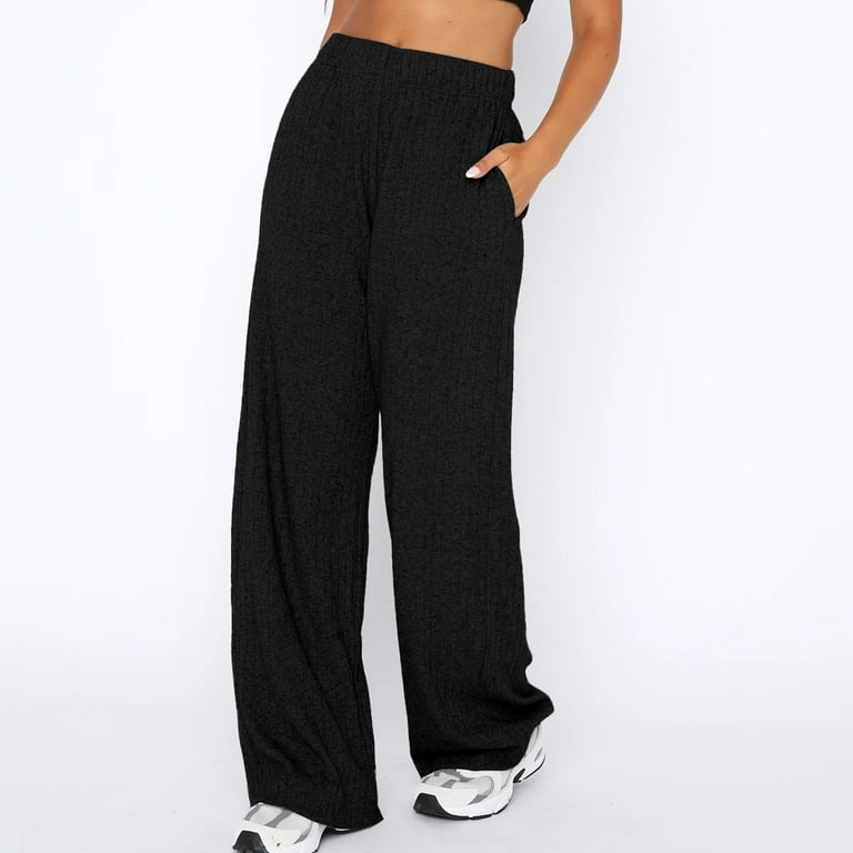 SKSloeg Oversized Wide Leg Sweatpants Women Ribbed Seamless High Waist Straight Leg Sweat Pants Baggy Pocket Extra Long Sweatpants Black M