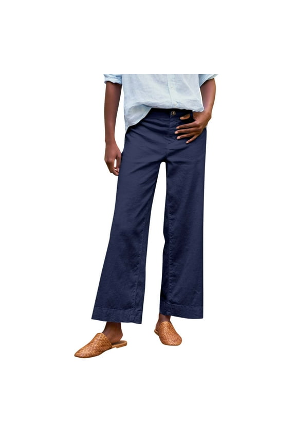 Petite Wide Leg Pants for Women Plus Size Petite Linen Pants Business Casual Work Pants High Waisted Flare Crop Pants Ankle Capri with Pockets Navy M