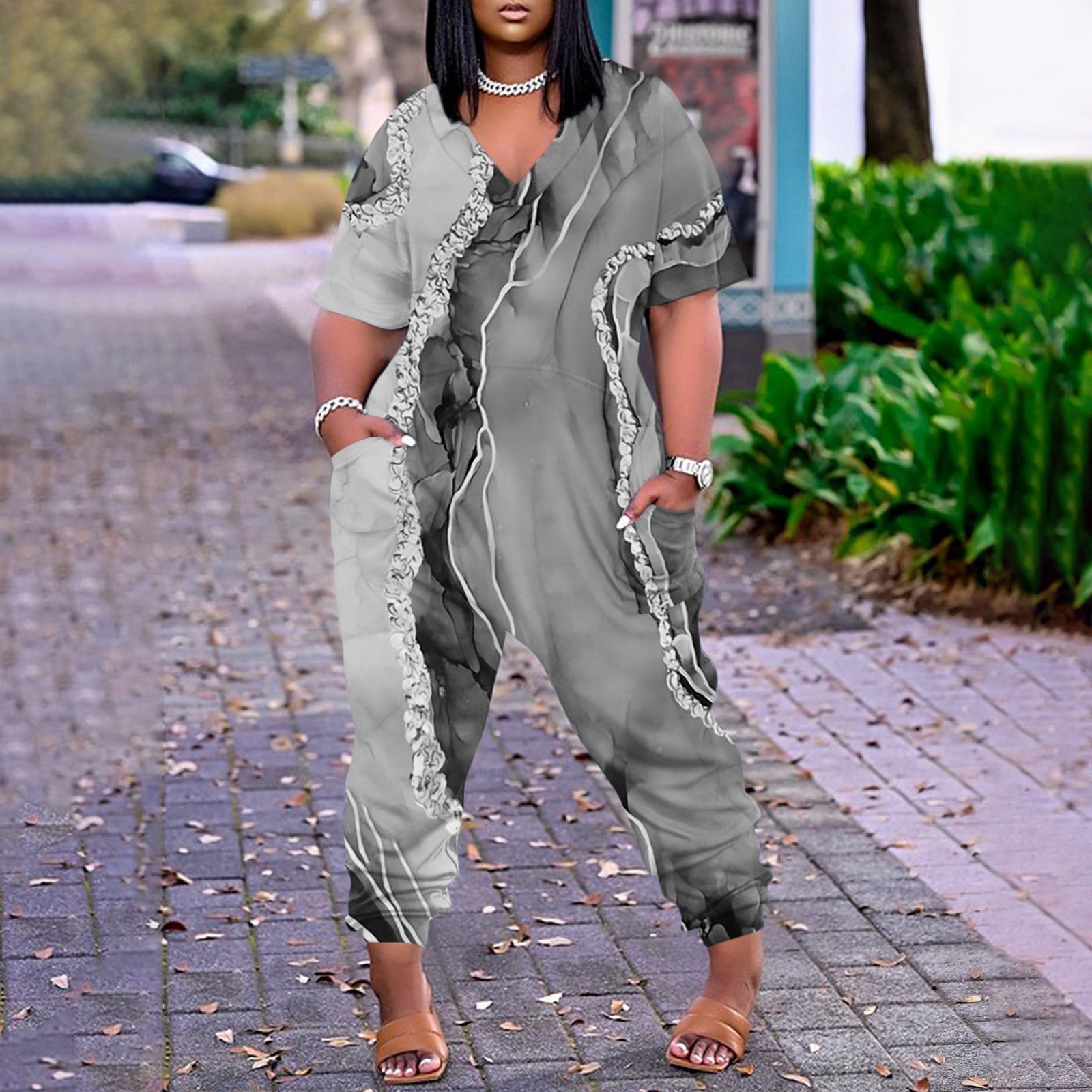 SKSloeg Plus Size Jumpsuit for Curvy Women V Neck Short Sleeve Zipper Overalls Wide Long Jumpsuits Casual Loose Overalls Retro Color Block Print Baggy