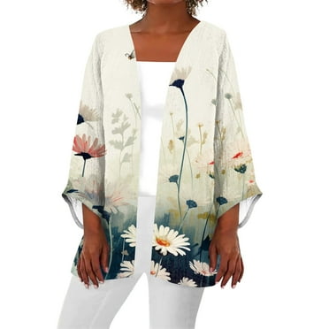 SKSloeg Plus Size Lightweight 3/4 Sleeve Cardigan 3/4 Sleeve Black Cardigan for Women Open Front Shrug Cardigan Floral Print Dressy Draped Coat Jacket with Pockets Beige 2XL