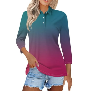 SKSloeg Polo Shirt for Women Cotton 3/4 Length Sleeve Business T Shirt Polos Collared V Neck Bohemian Gradient Lightweight Summer Tees Hot Pink L