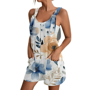 SKSloeg Rompers for Women 2024 Summer Casual Sleeveless Shorts Jumpers Loose Beach Suspenders Romper with Pocket Blue M