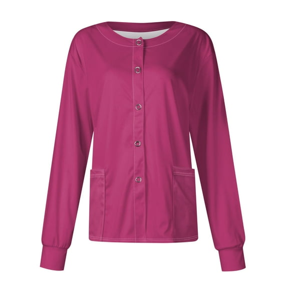 SKSloeg Scrub Jackets for Woman, Women Long Sleeve Pocket Working Stand-up Collar Solid Color Single-breasted Protective Cardigan Jacket Top Hot Pink L
