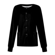 SKSloeg Scrub Jackets for Women, Women Long Sleeve Pocket Working Stand-up Collar Solid Color Single-breasted Protective Cardigan Jacket Top Black 5XL