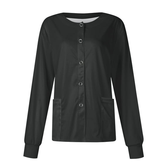 SKSloeg Scrub Jackets for Women, Women Long Sleeve Pocket Working Stand-up Collar Solid Color Single-breasted Protective Cardigan Jacket Top Black L