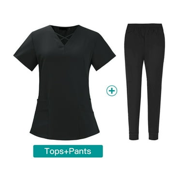 SKSloeg Scrubs for Women Set Clearance Plus Size Nursing Scrubs Petite V-Neck Scrub Tops and Pants Medical Uniforms Scrub Set with Pockets Black L