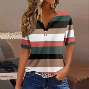 SKSloeg Short Length Sleeve Womens Tops Plus Size Tops Short Sleeve V Neck Henley 2024 Summer Casual T Shirt Tee Fashion Striped Print Button Blouses Casual Basic Pullover Blouses for Women Pink XXXL