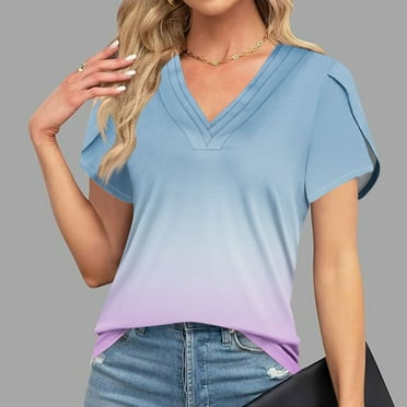 SKSloeg Short Petal Sleeve T Shirts for Women V-Neck Sexy Going Out Tops 2024 Trendy T Shirts Gradient Trendy Tunic Tops Short Petal Sleeve Tunic Top Blue M