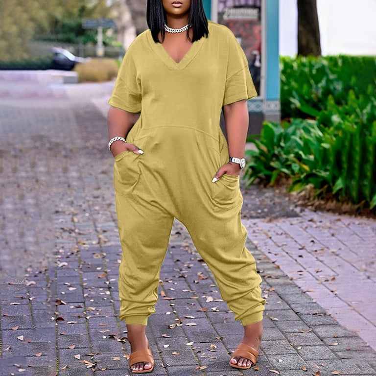 SKSloeg Short Sleeve Jumpsuit for Women Wide Long Jumpsuits Loose Zipper Overalls V Neck Long Sleeve Rompers Solid Color Plus Size Overall with Pockets Clearance Clothes Yellow X Large Walmart