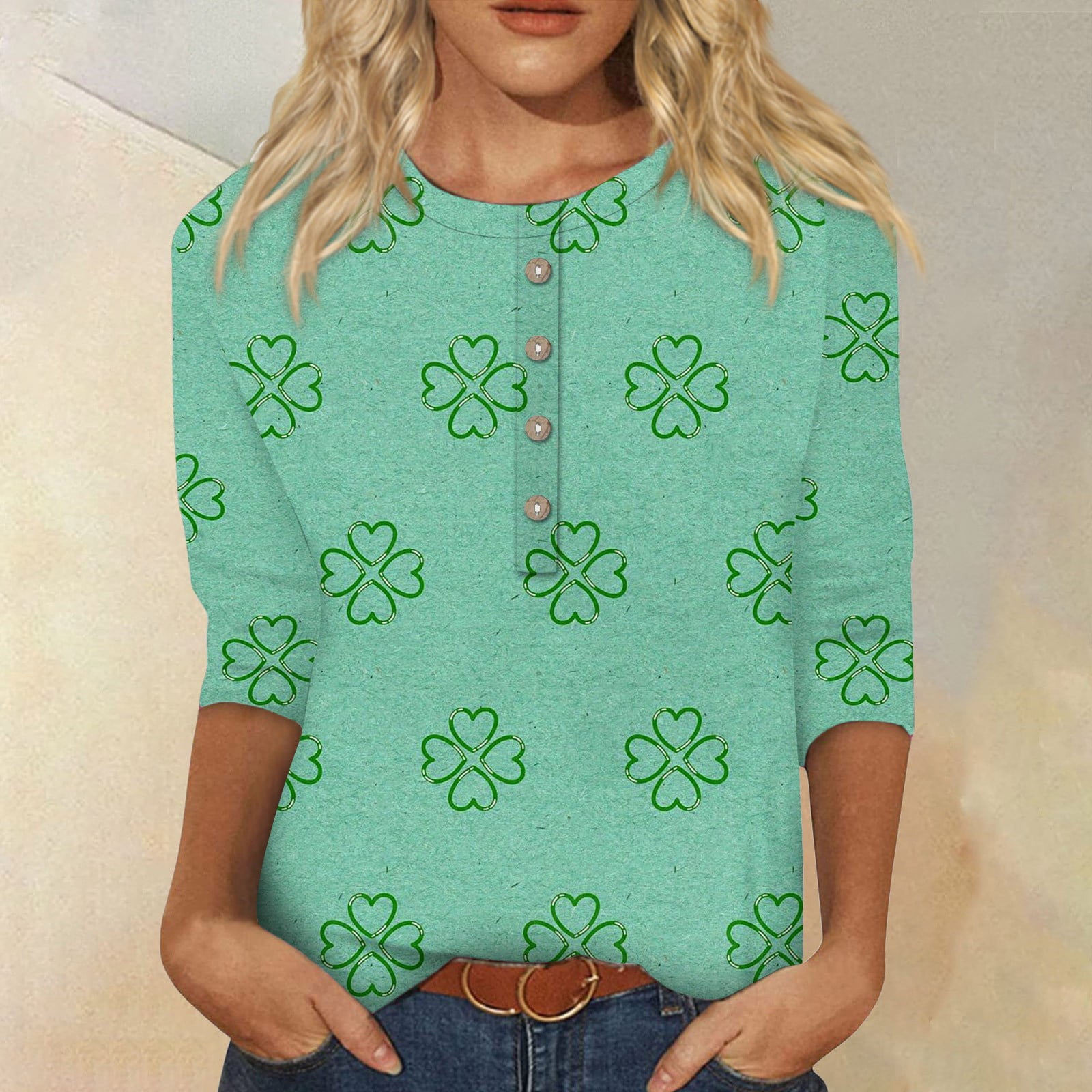 SKSloeg St Patrick s Day Funny Shirts for Women 2024 Crewneck Button Down Shirts Ireland Clover Print 3 4 Sleeve Tops Holiday T Shirt Casual Loose Dressy Lucky Blouses Mint Green M Walmart