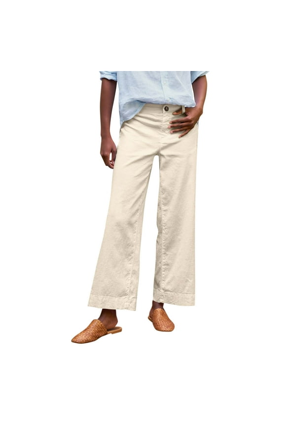 Teacher Pants Flare Wide Leg Capri Work Pants Business Casual Crop Linen Pants High Waisted Petite Ankle Pants with Pockets Khaki M