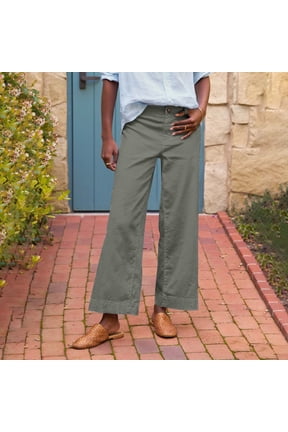 Teacher Pants Flare Wide Leg Capri Work Pants Business Casual Cropped Linen Pants High Waisted Petite Ankle Pants with Pockets Army Green S