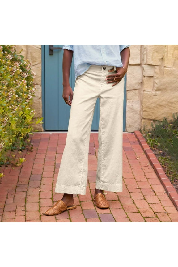 Teacher Pants for Women Flare Wide Leg Capris Work Pants Business Casual Cropped Linen Pants High Waisted Petite Ankle Pants with Pockets Khaki L