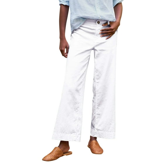 SKSloeg Teacher Pants for Women Wide Leg Petite Linen Pants Business Casual Work Pants High Waisted Flare Crop Pants Ankle Capri with Pockets White M